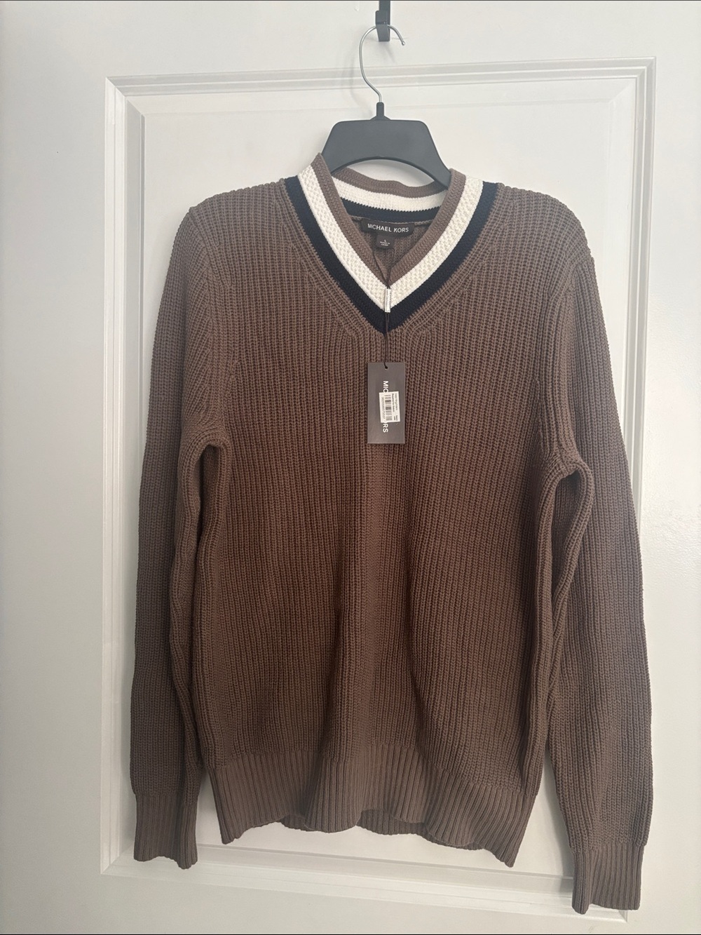 Michael Kors Men's Taupe V-Neck Ribbed Sweater with Black and White Trim